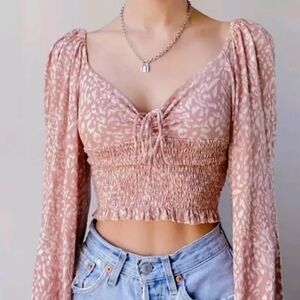 Urban Outfitters Pinkish Tan & Cream Cropped Long Sleeve Top Womens Medium